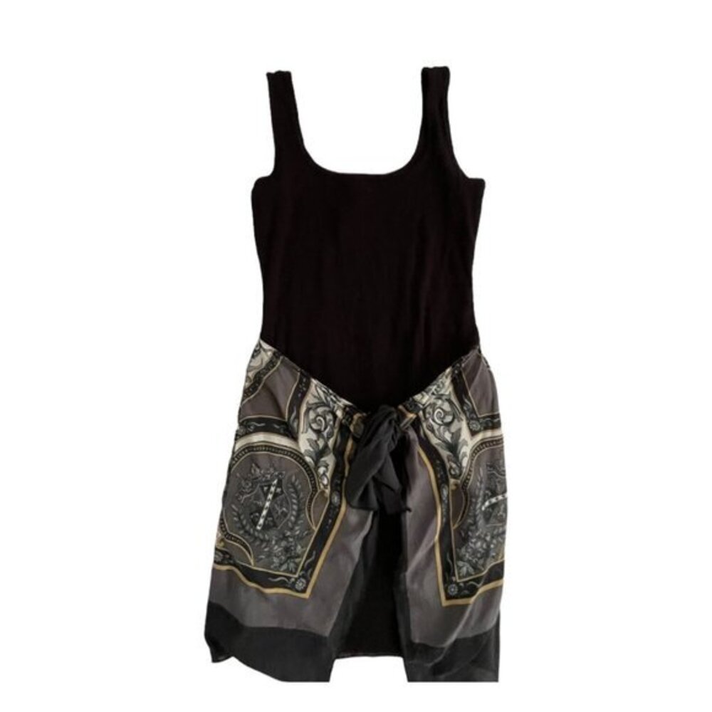 Black Ribbed‎ Knit Tank Dress with Baroque Scarf Tie Skirt Overlay